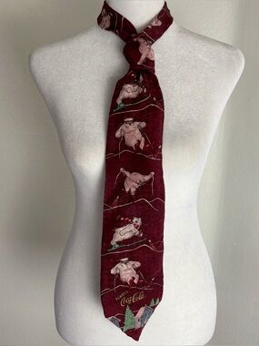 Vintage Coca-Cola Polar Bear Silk Necktie Burgundy Christmas Ski Tie USA